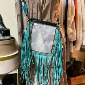 Fringe Crossbody Bag in Teal and Black